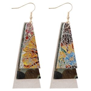 STYLE 6 PRINTED LAYERED LEATHER TRAPEZOID HOOK EARRINGS